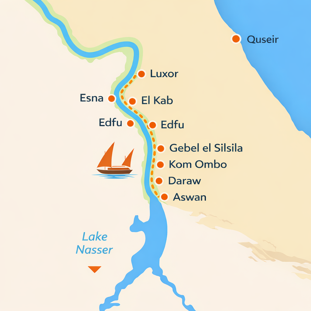Luxor to Aswan Dahabiya cruise route map