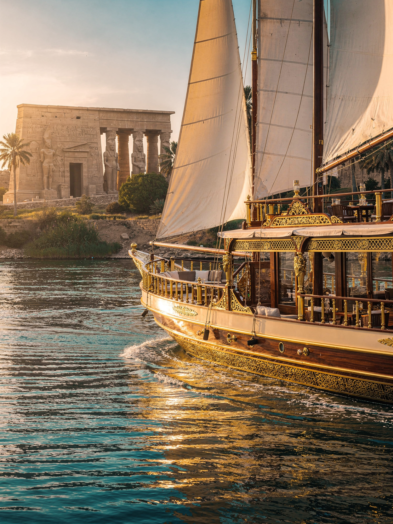 Luxury Dahabiya sailing beside an ancient Nile temple