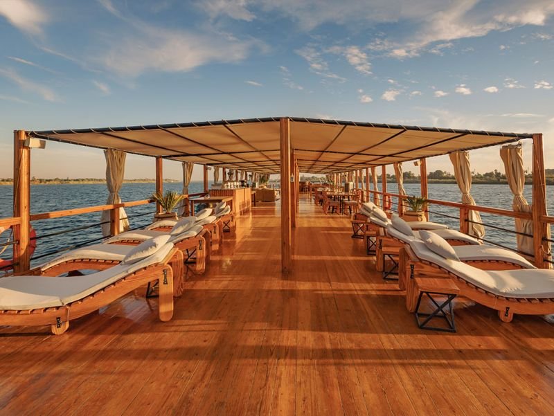 Luxury wooden sun deck on a Nile Dahabiya